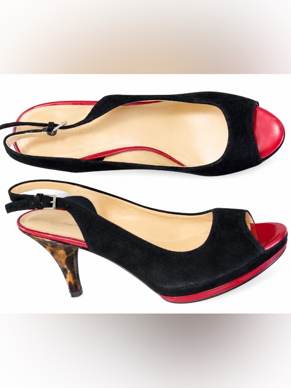 Nine West • Sharina • Peep-Toe • Black Suede • Red/Animal Print Accents• 9